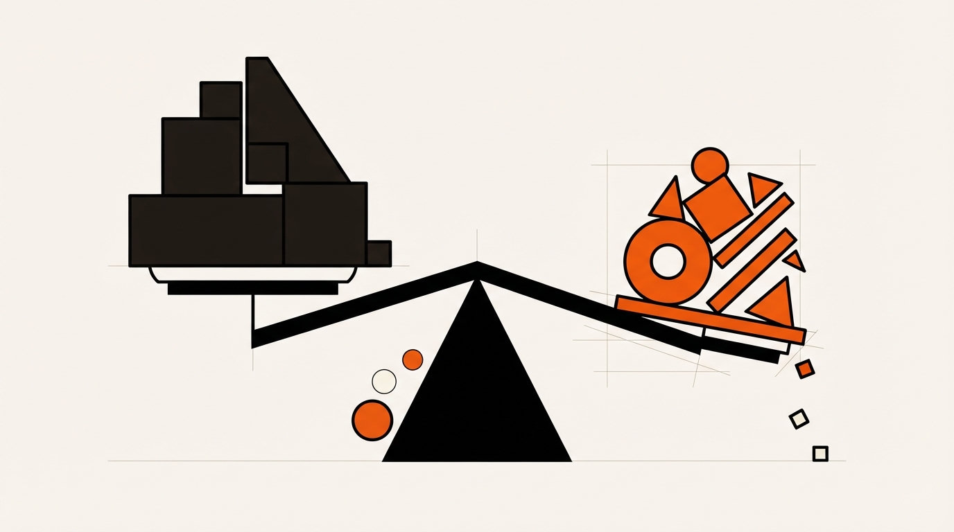 Bauhaus geometric illustration of a tipping scale: heavy ink-brown blocks raised on one side, lean amber forms lowered on the other