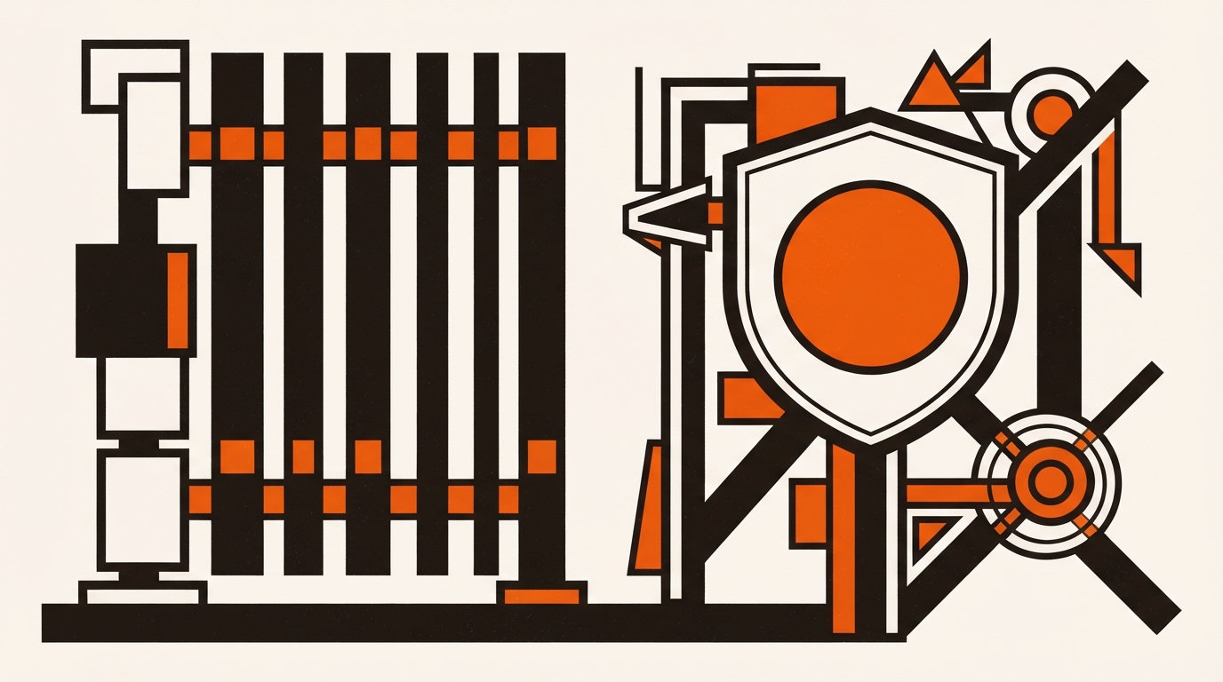 Abstract geometric illustration of a guardrail structure and shield