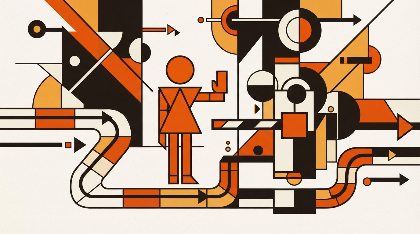Abstract geometric illustration of a figure at a checkpoint gate along a workflow path