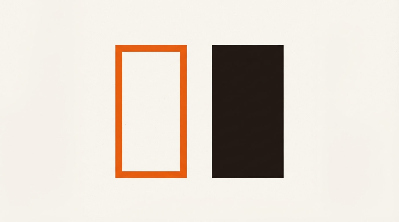 Bauhaus geometric illustration of two towers at equal height: an open amber lattice with visible internal structure beside a solid ink-brown monolith