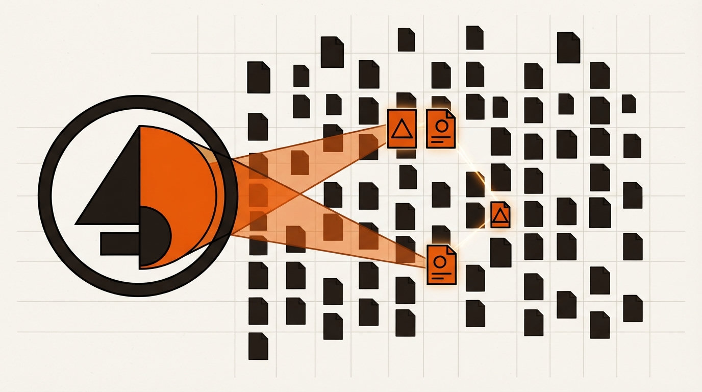 Abstract geometric illustration of a search beacon finding matches in scattered documents