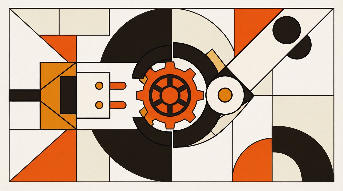 Abstract geometric illustration of a mechanical gripper interlocking with a gear and plug