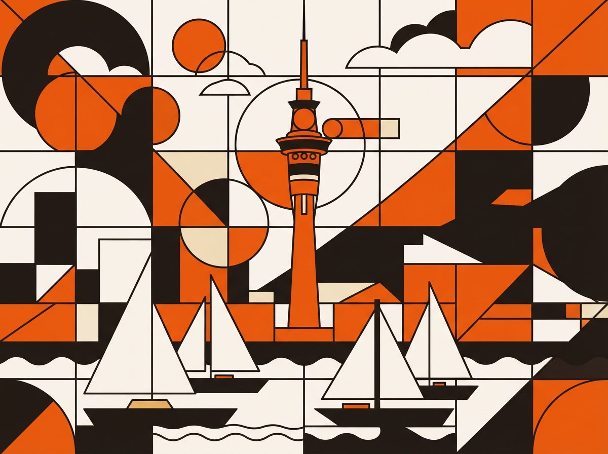 Geometric illustration of the Auckland Sky Tower and harbour in the Nean Bauhaus house style