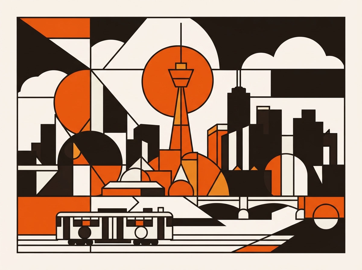 Geometric illustration of the Melbourne skyline and tram in the Nean Bauhaus house style