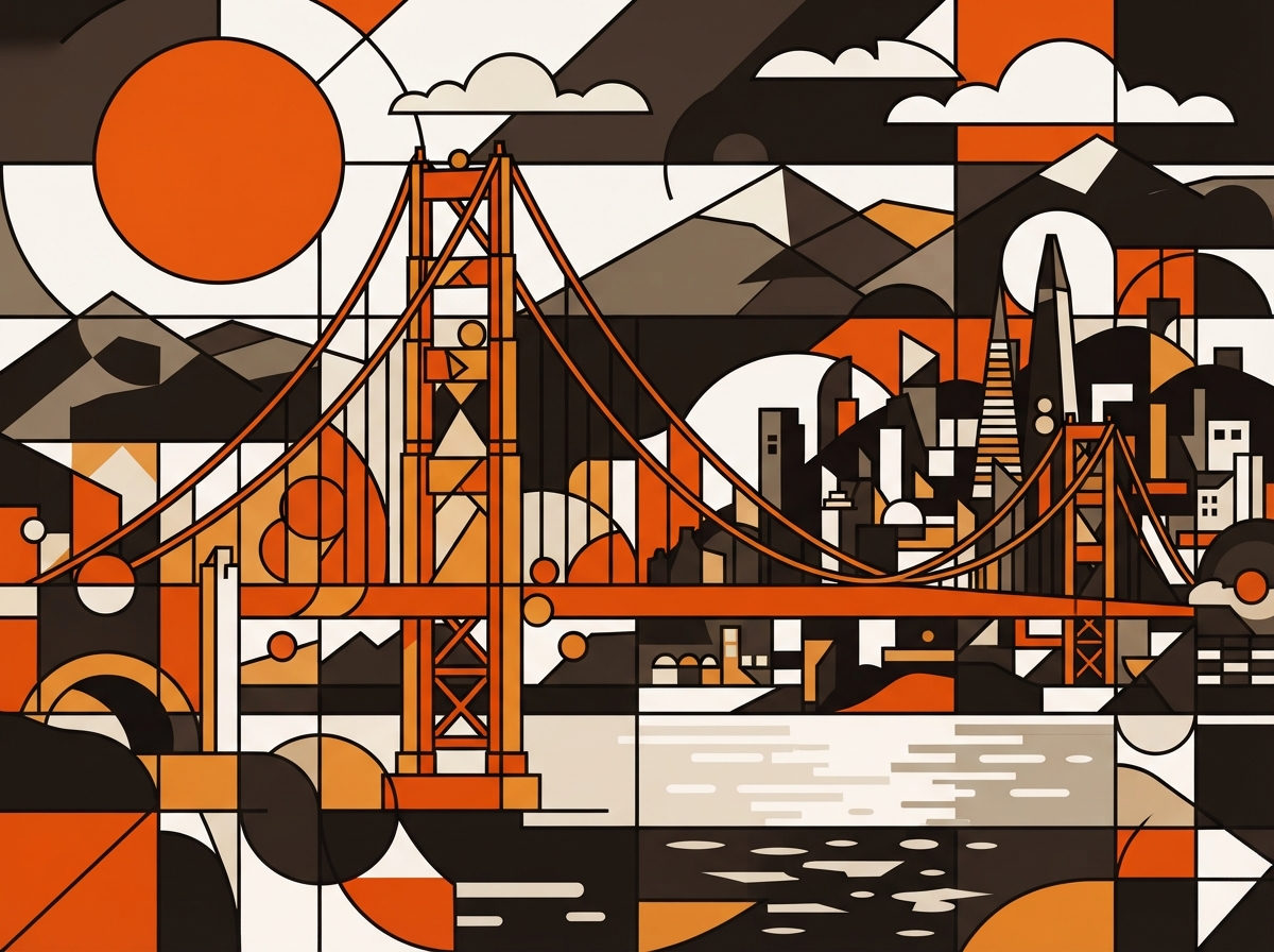 Geometric illustration of the Golden Gate Bridge in the Nean Bauhaus house style