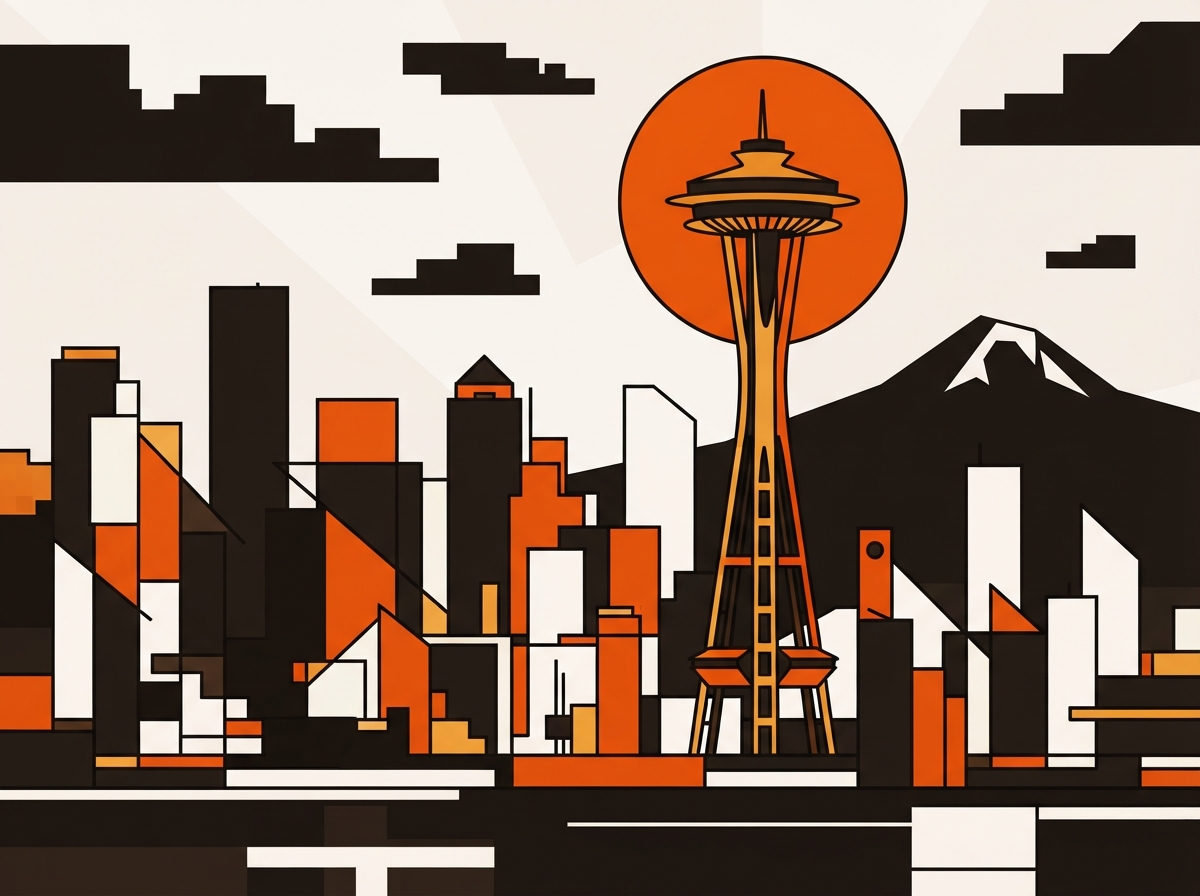 Geometric illustration of the Space Needle in the Nean Bauhaus house style