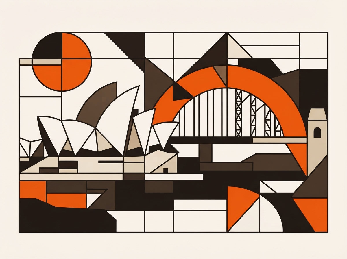 Geometric illustration of the Sydney Opera House and Harbour Bridge in the Nean Bauhaus house style